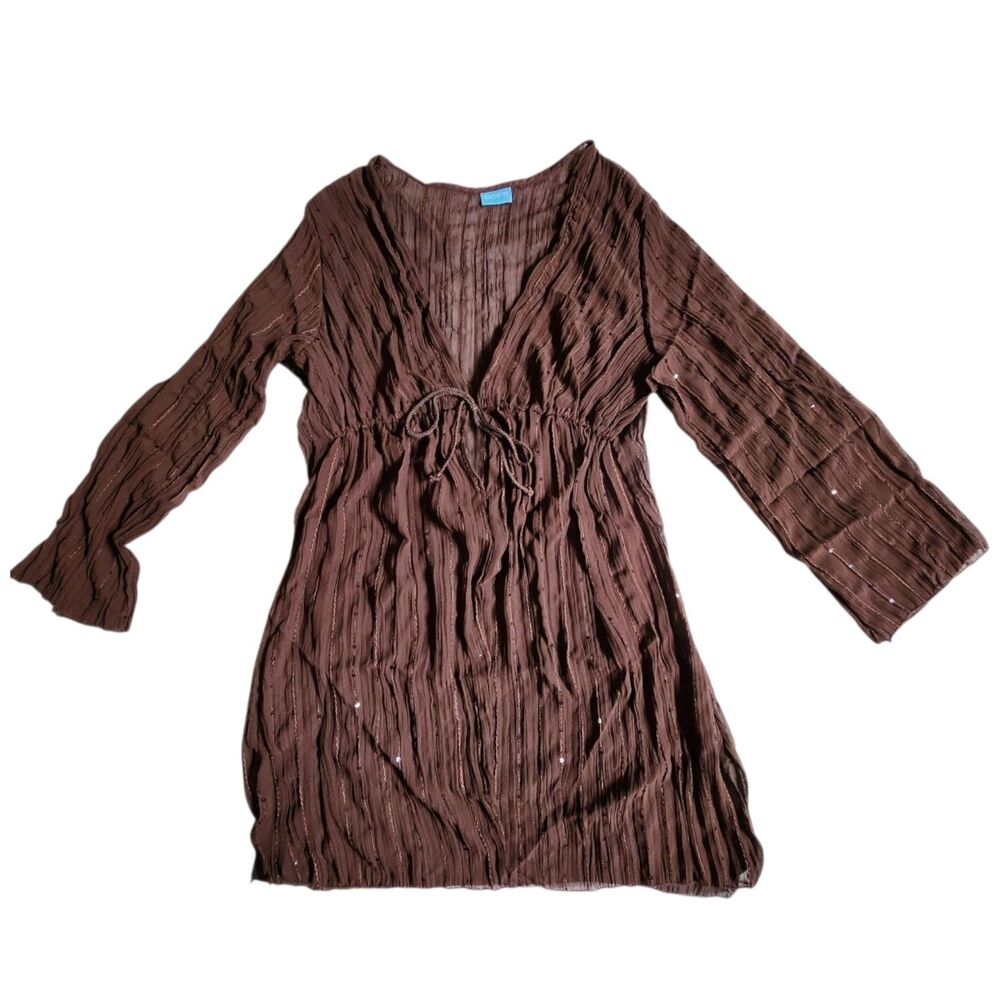 DOTTI Brown Shimmer Crinkle Long Sleeve V Neck Tie Front Tunic Mini Dress sz L